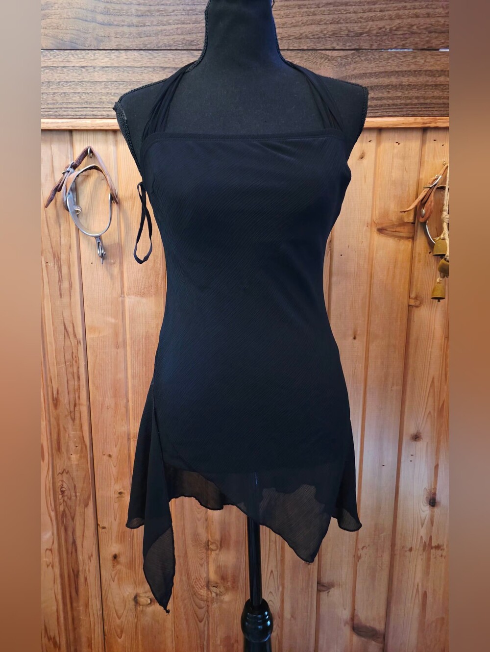 Y2k Original Vintage First Kiss Sheer Black Halter Neck Asymmetric Top